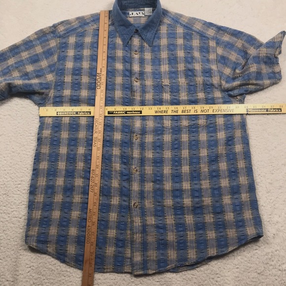 VTG 90s JAB Button Shirt Mens L Blue Tan Plaid SEERSUCKER Short Sleeve Casual - Picture 8 of 11
